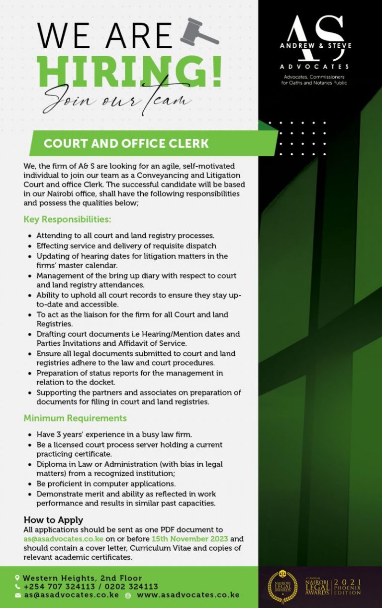 Andrew and Steve Advocates is hiring a Court and Office Clerk