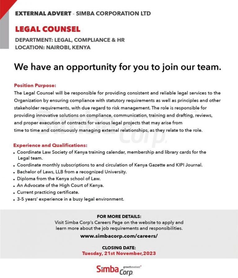 Simba Corporation LTD is Hiring a LEGAL COUNSEL