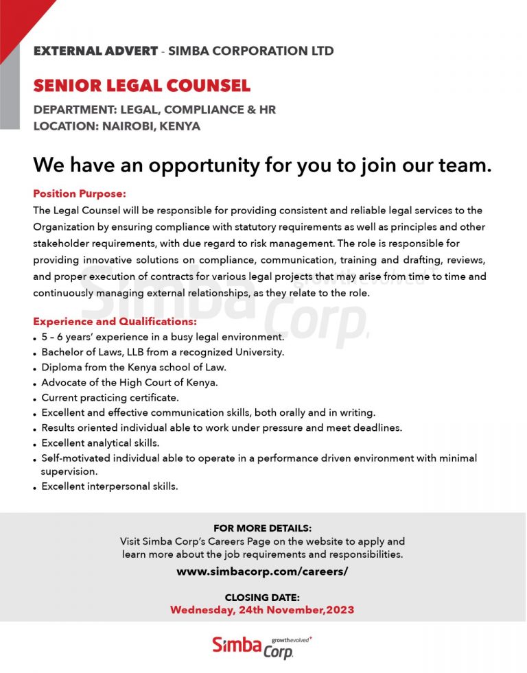 Simba Corporation LTD is Hiring a SENIOR LEGAL COUNSEL